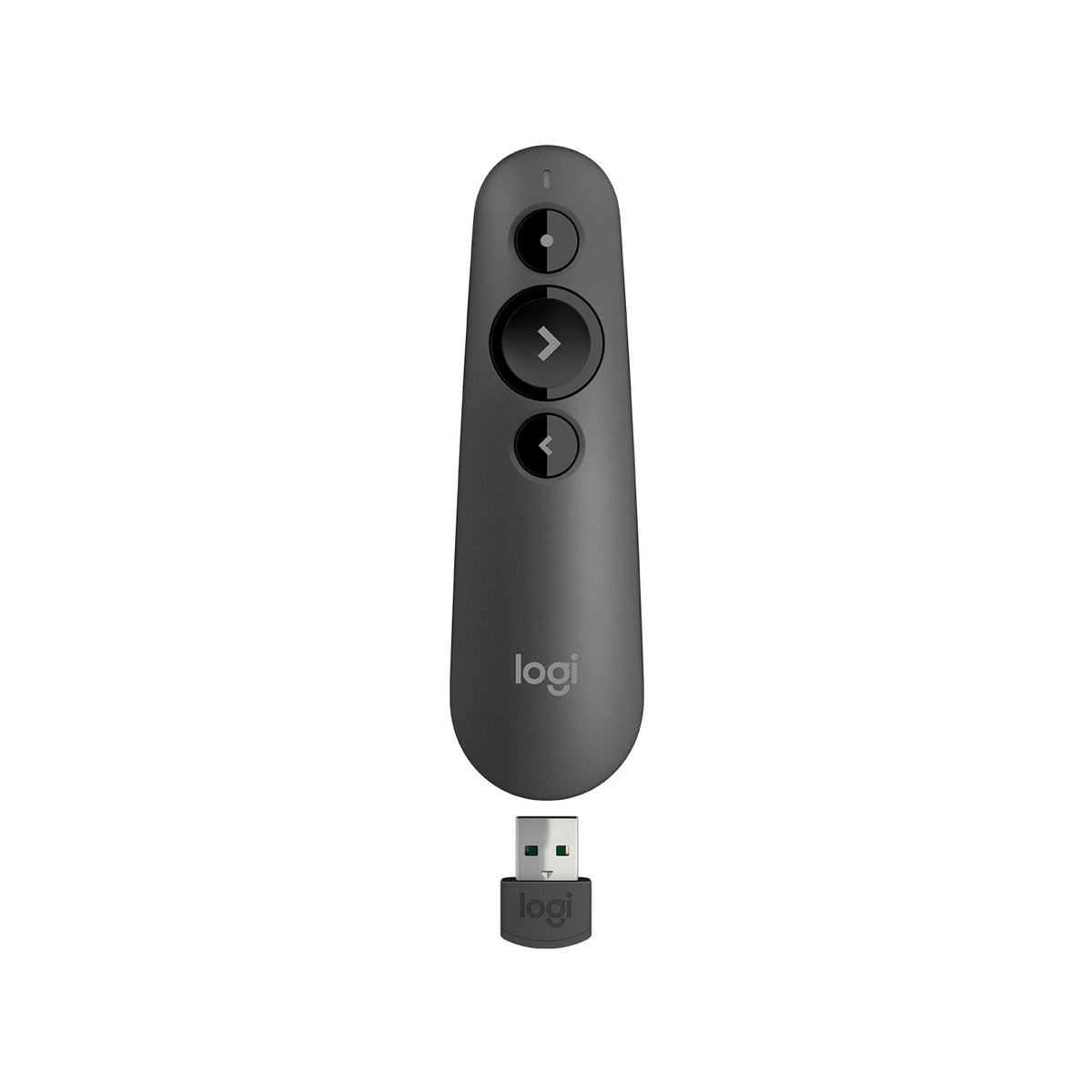 Logitech R500S Red Laser Presentation Remote With Wireless Mini Receiver Simple Three-Button Design With Red Laser Pointer. Bluetooth Or USB Receiver Connection. 20M Range And App